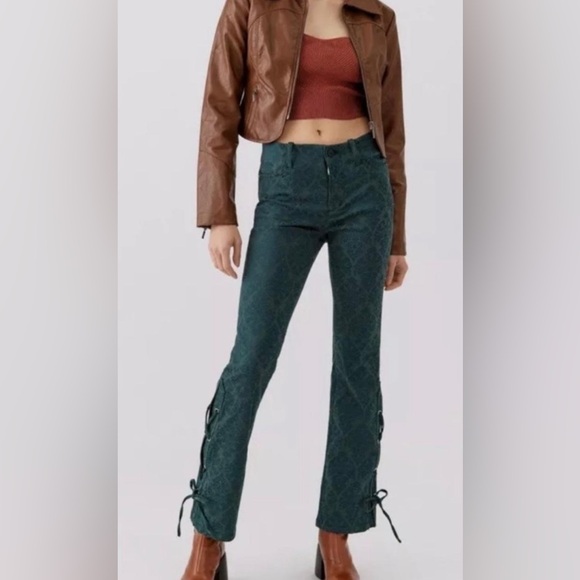 URBAN OUTFITTERS Lace Up dark green Damask print Pants size 4 - Picture 3 of 14